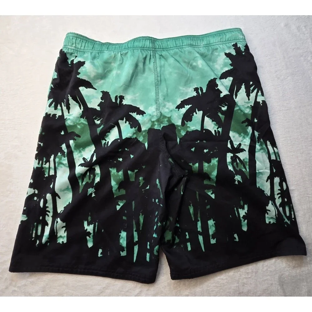 Nike Swim Trunks Board Shorts Men's Large Black Teal Palm Tree Graphic Tropical